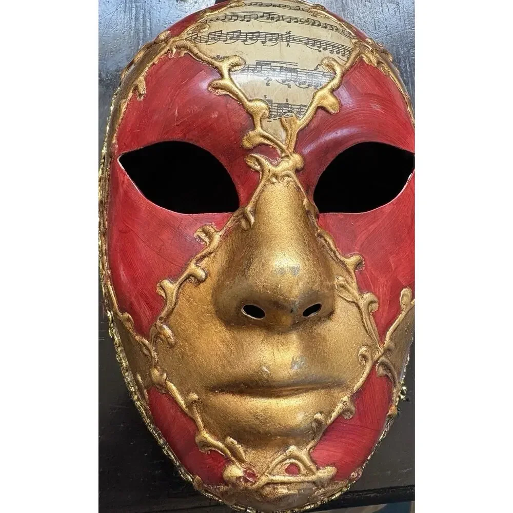 Venetian Mask Italy Hand Painted Volto Music Notes Red Gold Wall Decor Art VtG